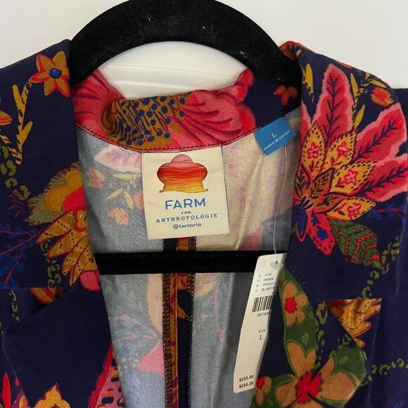 Anthropologie Farm Rio Size L Jumpsuit Tie-Waist Blue Floral Bird Motif